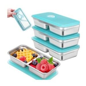 2 Compartment Stainless Steel Lunch Box Bento Container Teal Lid Leak Proof